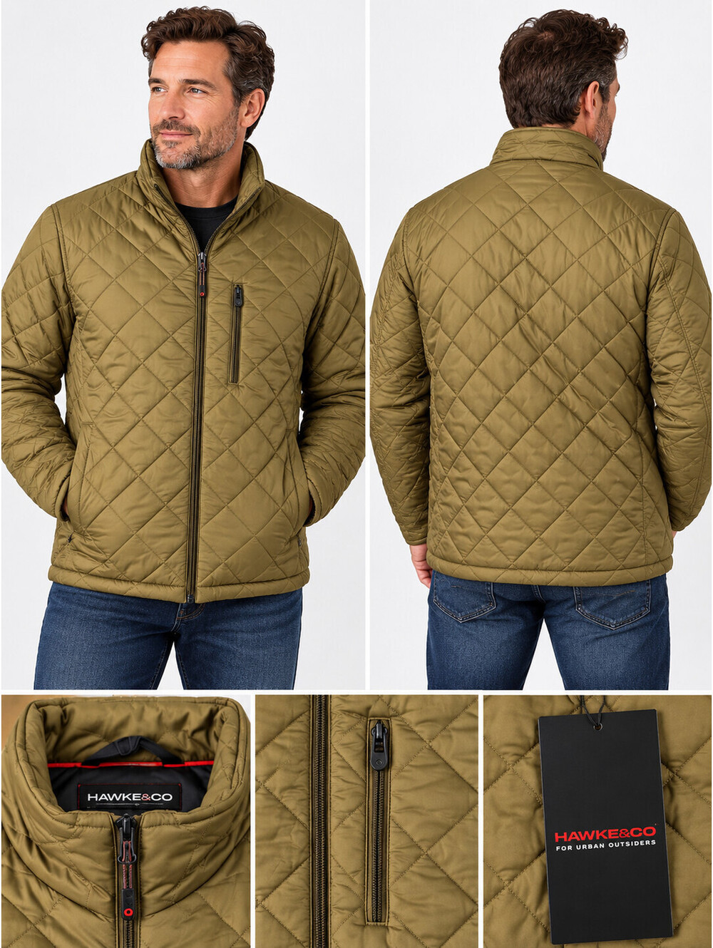 Hawke & Co Men’s XXL Chelsea Jacket Bark Diamond Quilted Water Resistant NWT$100